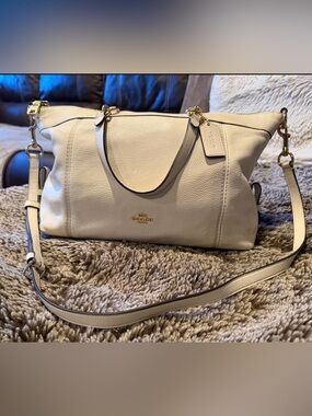 COACH Cream Pebbled Leather Satchel with Gold Hardware